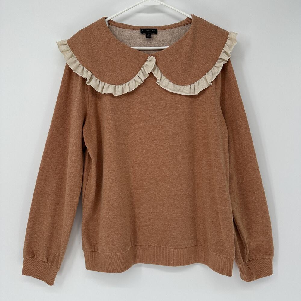Current Air Shirt Women XL Brown Ruffle Peter Pan Collar Pullover Top Cottage